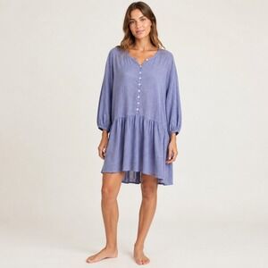 Free People Beach Linen Cotton Tiered Henley Mini Dress Periwinkle Blue XS Boho